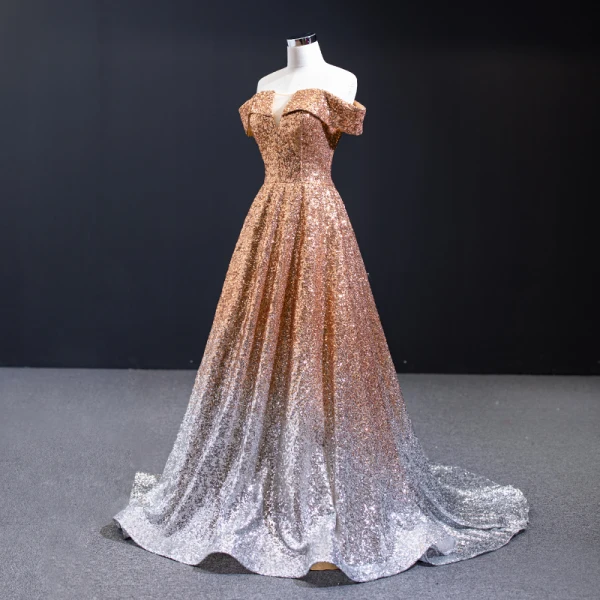 Sparkly Gold Gradient-Color White Sequins Evening Dresses 2023 A-Line / Princess Off-The-Shoulder Short Sleeve Sweep Train Backless Formal Dresses