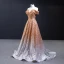 Sparkly Gold Gradient-Color White Sequins Evening Dresses  2023 A-Line / Princess Off-The-Shoulder Short Sleeve Sweep Train Backless Formal Dresses