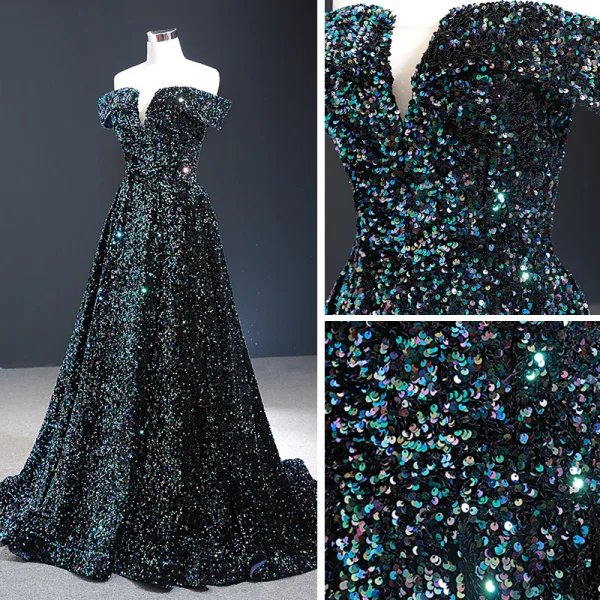 Sparkly Gold Gradient-Color White Sequins Evening Dresses 2023 A-Line / Princess Off-The-Shoulder Short Sleeve Sweep Train Backless Formal Dresses