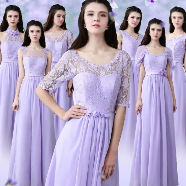 Enkel Lavendel Chiffon Brudepikekjoler 2019 Prinsesse Lange Buste Ryggløse Kjoler Til Bryllup