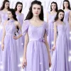 Modest / Simple Lavender Chiffon Bridesmaid Dresses 2019 A-Line / Princess Floor-Length / Long Ruffle Backless Wedding Party Dresses