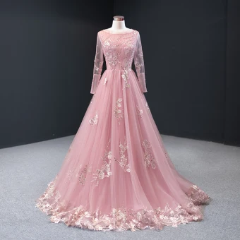 Haut De Gamme Rose Bonbon Robe De Soirée 2023 Princesse Encolure Dégagée Manches Longues Fleur Appliques En Dentelle Perlage Longue Dos Nu Robe De Ceremonie