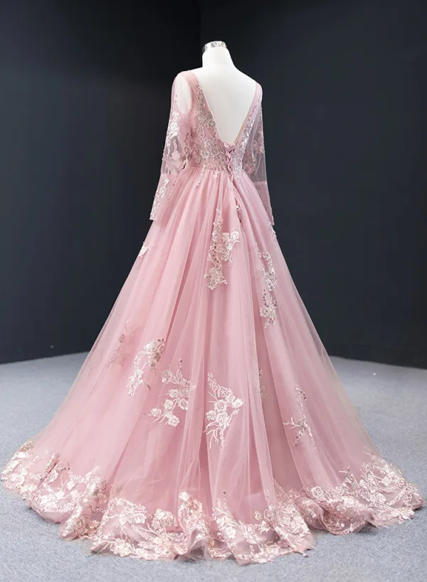 High-end Candy Pink Evening Dresses 2023 A-Line / Princess Scoop Neck Long Sleeve Flower Appliques Lace Beading Floor-Length / Long Backless Formal Dresses