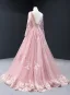 High-end Candy Pink Evening Dresses  2023 A-Line / Princess Scoop Neck Long Sleeve Flower Appliques Lace Beading Floor-Length / Long Backless Formal Dresses
