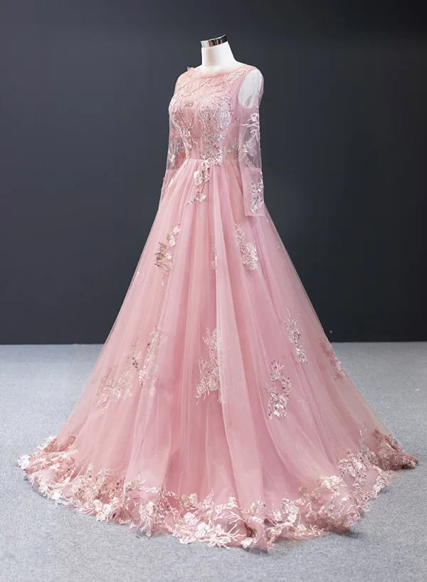 High-end Candy Pink Evening Dresses 2023 A-Line / Princess Scoop Neck Long Sleeve Flower Appliques Lace Beading Floor-Length / Long Backless Formal Dresses
