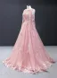 High-end Candy Pink Evening Dresses  2023 A-Line / Princess Scoop Neck Long Sleeve Flower Appliques Lace Beading Floor-Length / Long Backless Formal Dresses