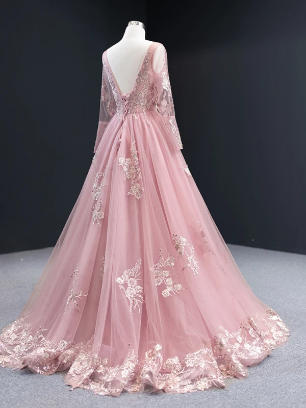 High-end Candy Pink Evening Dresses 2023 A-Line / Princess Scoop Neck Long Sleeve Flower Appliques Lace Beading Floor-Length / Long Backless Formal Dresses