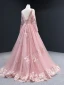 High-end Candy Pink Evening Dresses  2023 A-Line / Princess Scoop Neck Long Sleeve Flower Appliques Lace Beading Floor-Length / Long Backless Formal Dresses