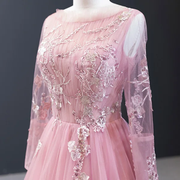 High-end Candy Pink Evening Dresses 2023 A-Line / Princess Scoop Neck Long Sleeve Flower Appliques Lace Beading Floor-Length / Long Backless Formal Dresses