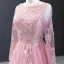 High-end Candy Pink Evening Dresses  2023 A-Line / Princess Scoop Neck Long Sleeve Flower Appliques Lace Beading Floor-Length / Long Backless Formal Dresses