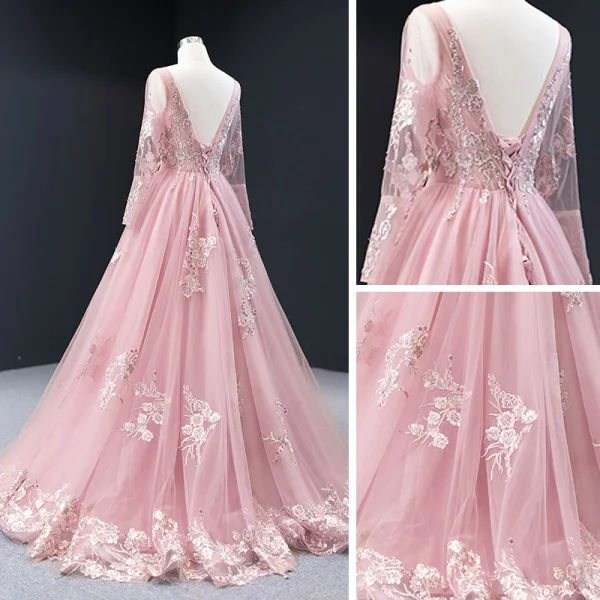 High-end Candy Pink Evening Dresses 2023 A-Line / Princess Scoop Neck Long Sleeve Flower Appliques Lace Beading Floor-Length / Long Backless Formal Dresses