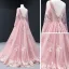 High-end Candy Pink Evening Dresses  2023 A-Line / Princess Scoop Neck Long Sleeve Flower Appliques Lace Beading Floor-Length / Long Backless Formal Dresses