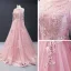 High-end Candy Pink Evening Dresses  2023 A-Line / Princess Scoop Neck Long Sleeve Flower Appliques Lace Beading Floor-Length / Long Backless Formal Dresses