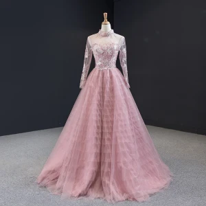 Charmig Godis Rosa Genomskinliga Aftonklänningar 2023 Prinsessa Hög Hals Långärmad Blomma Appliqués Spets Beading Långa Ruffle Halterneck