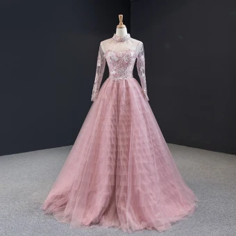 Charming Candy Pink See Through Evening Dresses 2023 A Line Princess High Neck Long Sleeve Flower Appliques Lace Beading Floor Length Long Ruffle Backless