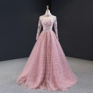 Charmig Godis Rosa Genomskinliga Aftonklänningar 2023 Prinsessa Hög Hals Långärmad Blomma Appliqués Spets Beading Långa Ruffle Halterneck