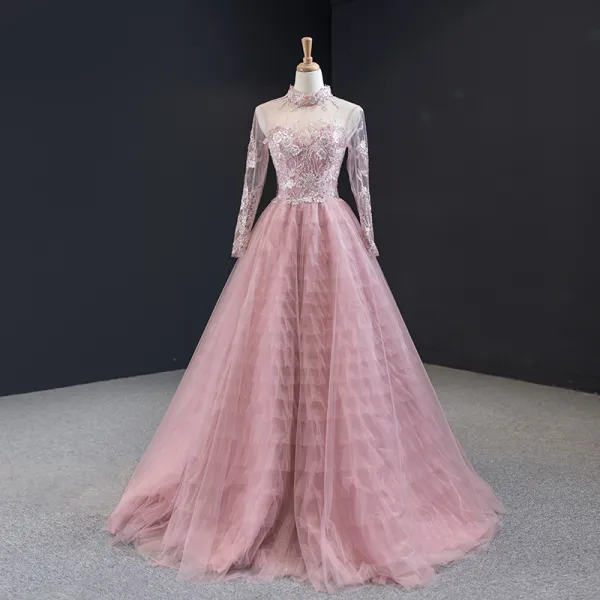 Charming Candy Pink See-through Evening Dresses  2023 A-Line / Princess High Neck Long Sleeve Flower Appliques Lace Beading Floor-Length / Long Ruffle Backless