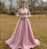 Charming Candy Pink See-through Evening Dresses  2023 A-Line / Princess High Neck Long Sleeve Flower Appliques Lace Beading Floor-Length / Long Ruffle Backless