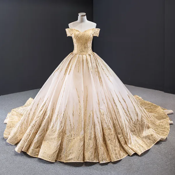 Luxury / Gorgeous Gold Wedding Dresses 2023 Ball Gown Off-The-Shoulder Short Sleeve Backless Beading Glitter Tulle Cathedral Train Ruffle