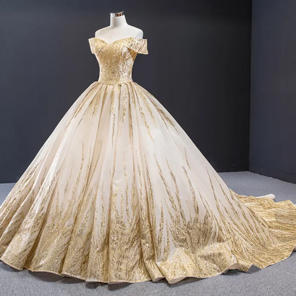 Luxury / Gorgeous Gold Wedding Dresses 2023 Ball Gown Off-The-Shoulder Short Sleeve Backless Beading Glitter Tulle Cathedral Train Ruffle