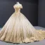 Luxury / Gorgeous Gold Wedding Dresses 2023 Ball Gown Off-The-Shoulder Short Sleeve Backless Beading Glitter Tulle Cathedral Train Ruffle