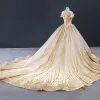 Luxury / Gorgeous Gold Wedding Dresses 2023 Ball Gown Off-The-Shoulder Short Sleeve Backless Beading Glitter Tulle Cathedral Train Ruffle