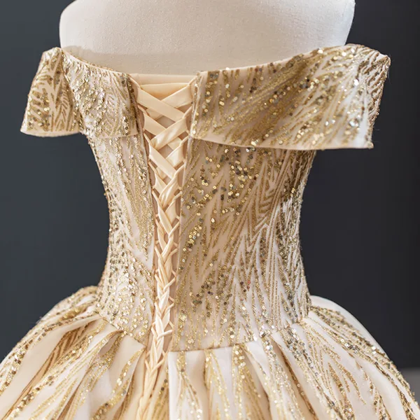 Luxury / Gorgeous Gold Wedding Dresses 2023 Ball Gown Off-The-Shoulder Short Sleeve Backless Beading Glitter Tulle Cathedral Train Ruffle