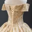 Luxury / Gorgeous Gold Wedding Dresses 2023 Ball Gown Off-The-Shoulder Short Sleeve Backless Beading Glitter Tulle Cathedral Train Ruffle