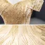 Luxury / Gorgeous Gold Wedding Dresses 2023 Ball Gown Off-The-Shoulder Short Sleeve Backless Beading Glitter Tulle Cathedral Train Ruffle