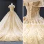 Luxury / Gorgeous Gold Wedding Dresses 2023 Ball Gown Off-The-Shoulder Short Sleeve Backless Beading Glitter Tulle Cathedral Train Ruffle