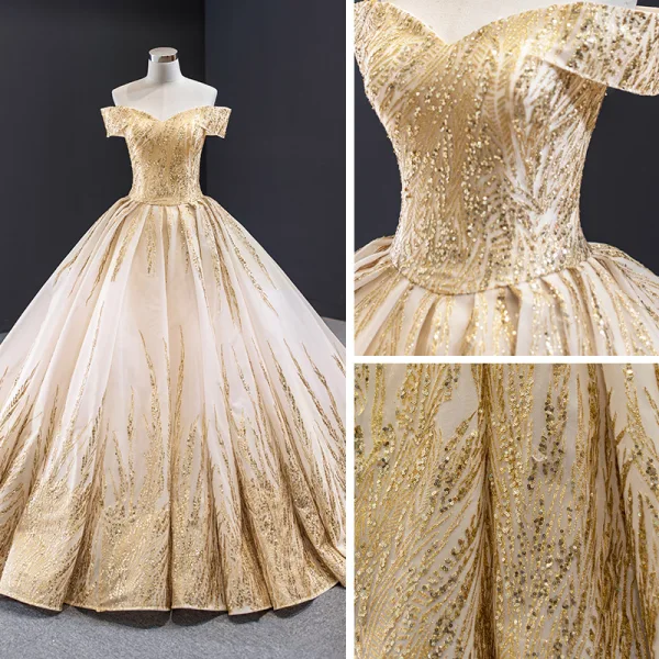 Luxury / Gorgeous Gold Wedding Dresses 2023 Ball Gown Off-The-Shoulder Short Sleeve Backless Beading Glitter Tulle Cathedral Train Ruffle
