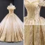 Luxury / Gorgeous Gold Wedding Dresses 2023 Ball Gown Off-The-Shoulder Short Sleeve Backless Beading Glitter Tulle Cathedral Train Ruffle