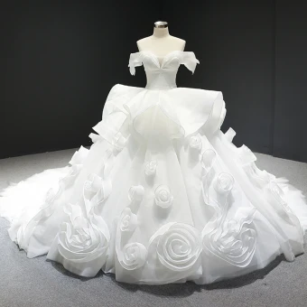 Stunning White Wedding Dresses 2023 Ball Gown Off The Shoulder Short Sleeve Backless Flower Tulle Cathedral Train Ruffle