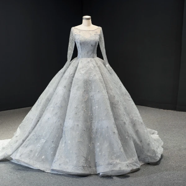 Haut de Gamme Gris Transparentes Robe De Bal 2023 Robe Boule Encolure Carrée Manches Longues Appliques En Dentelle Perlage Train De Balayage Volants Dos Nu Robe De Ceremonie