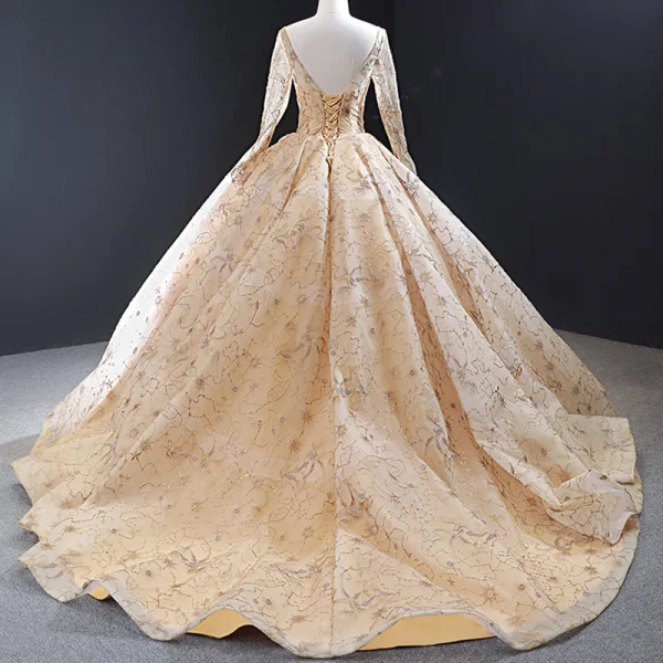 Haut de Gamme Gris Transparentes Robe De Bal 2023 Robe Boule Encolure Carrée Manches Longues Appliques En Dentelle Perlage Train De Balayage Volants Dos Nu Robe De Ceremonie
