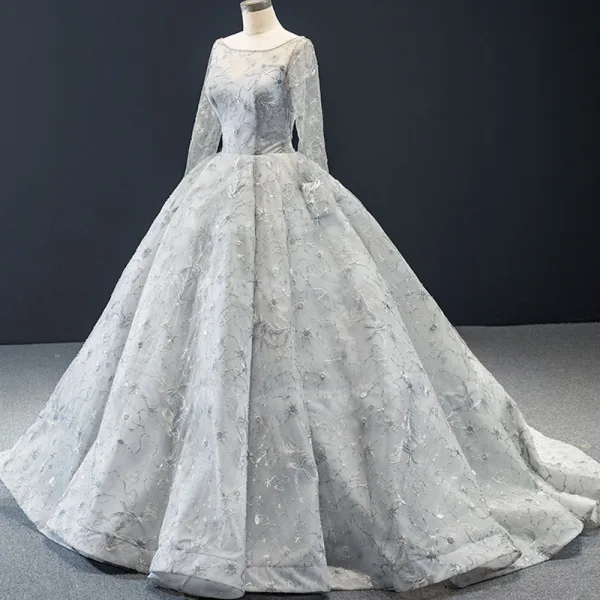 Haut de Gamme Gris Transparentes Robe De Bal 2023 Robe Boule Encolure Carrée Manches Longues Appliques En Dentelle Perlage Train De Balayage Volants Dos Nu Robe De Ceremonie