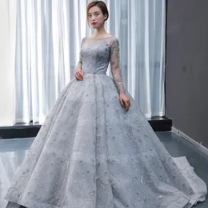 High End Grey See Through Prom Dresses 2023 Ball Gown Square Neckline Long Sleeve Appliques Lace Beading Sweep Train Ruffle Backless Formal Dresses