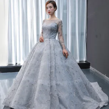 Haut De Gamme Gris Transparentes Robe De Bal 2023 Robe Boule Encolure Carrée Manches Longues Appliques En Dentelle Perlage Train De Balayage Volants Dos Nu Robe De Ceremonie