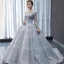 Haut de Gamme Gris Transparentes Robe De Bal 2023 Robe Boule Encolure Carrée Manches Longues Appliques En Dentelle Perlage Train De Balayage Volants Dos Nu Robe De Ceremonie