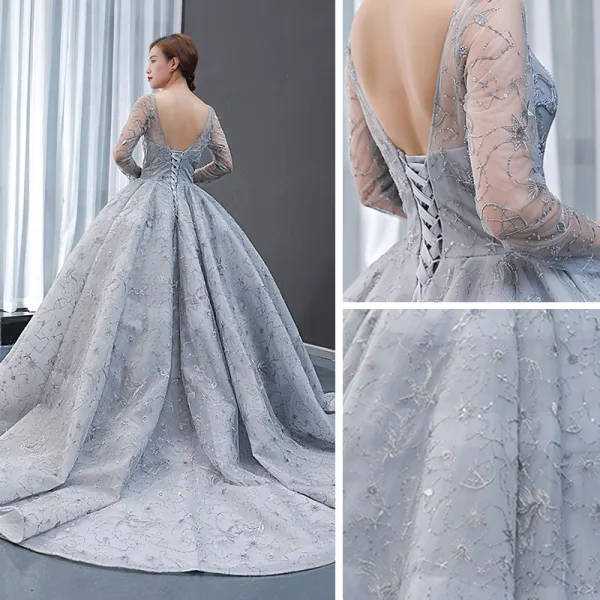 Haut de Gamme Gris Transparentes Robe De Bal 2023 Robe Boule Encolure Carrée Manches Longues Appliques En Dentelle Perlage Train De Balayage Volants Dos Nu Robe De Ceremonie