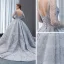 Haut de Gamme Gris Transparentes Robe De Bal 2023 Robe Boule Encolure Carrée Manches Longues Appliques En Dentelle Perlage Train De Balayage Volants Dos Nu Robe De Ceremonie