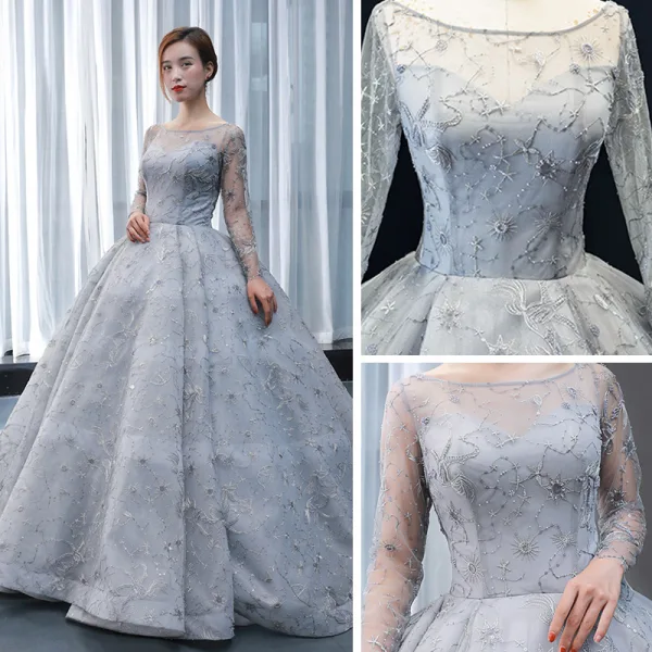 Haut de Gamme Gris Transparentes Robe De Bal 2023 Robe Boule Encolure Carrée Manches Longues Appliques En Dentelle Perlage Train De Balayage Volants Dos Nu Robe De Ceremonie