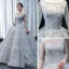 Haut de Gamme Gris Transparentes Robe De Bal 2023 Robe Boule Encolure Carrée Manches Longues Appliques En Dentelle Perlage Train De Balayage Volants Dos Nu Robe De Ceremonie