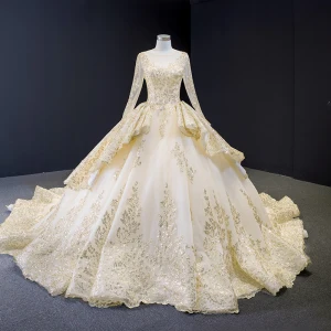 High End Champagne See Through Prom Dresses 2023 Ball Gown Square Neckline Long Sleeve Beading Glitter Appliques Sequins Cathedral Train Ruffle Backless