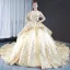 Haut de Gamme Champagne Transparentes Robe De Bal 2023 Robe Boule Encolure Carrée Manches Longues Perlage Glitter Appliques Paillettes Cathedral Train Volants Dos Nu