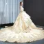 Haut de Gamme Champagne Transparentes Robe De Bal 2023 Robe Boule Encolure Carrée Manches Longues Perlage Glitter Appliques Paillettes Cathedral Train Volants Dos Nu