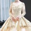 Haut de Gamme Champagne Transparentes Robe De Bal 2023 Robe Boule Encolure Carrée Manches Longues Perlage Glitter Appliques Paillettes Cathedral Train Volants Dos Nu