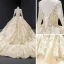 Haut de Gamme Champagne Transparentes Robe De Bal 2023 Robe Boule Encolure Carrée Manches Longues Perlage Glitter Appliques Paillettes Cathedral Train Volants Dos Nu