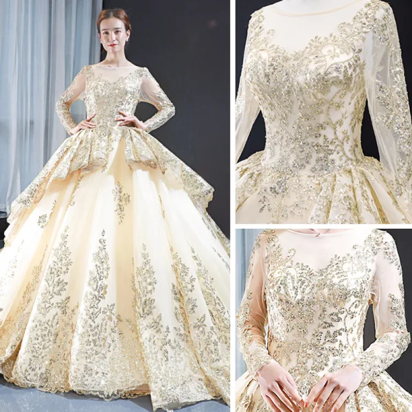 Haut de Gamme Champagne Transparentes Robe De Bal 2023 Robe Boule Encolure Carrée Manches Longues Perlage Glitter Appliques Paillettes Cathedral Train Volants Dos Nu