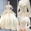 Haut de Gamme Champagne Transparentes Robe De Bal 2023 Robe Boule Encolure Carrée Manches Longues Perlage Glitter Appliques Paillettes Cathedral Train Volants Dos Nu